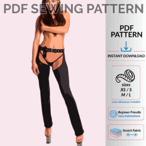 Poster image of thigh-high belt-loop chaps sewing pattern for stretch fabrics