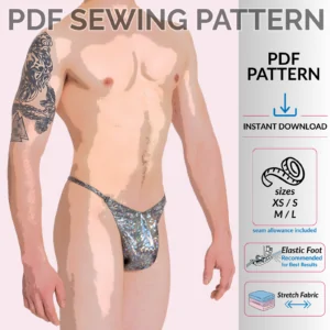 Comfy Man Thong PDF sewing pattern promotional cover showing a men's fuller-front thong with narrow sides and Sew Skimpy branding.