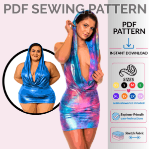 Cowl neck hoodie mini dress sewing pattern PDF featuring a draped hooded neckline and relaxed mini silhouette, digital download by Sew Skimpy