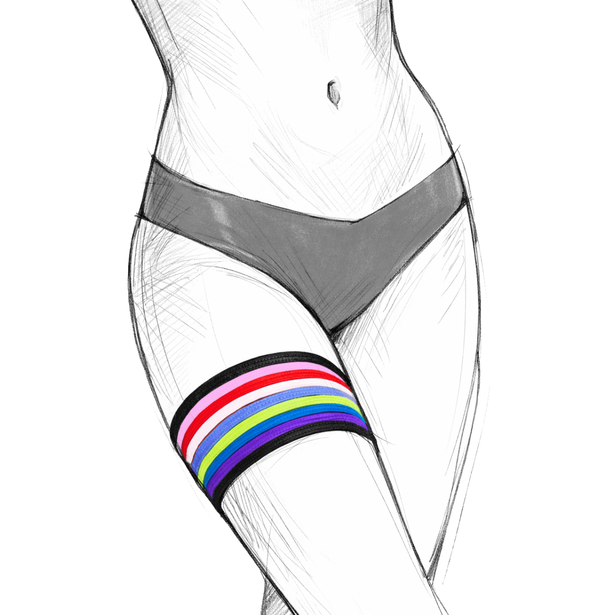 DIY mini leg garter tutorial fashion illustration showing stretch fabric band worn on thigh for custom fit accessory by Sew Skimpy