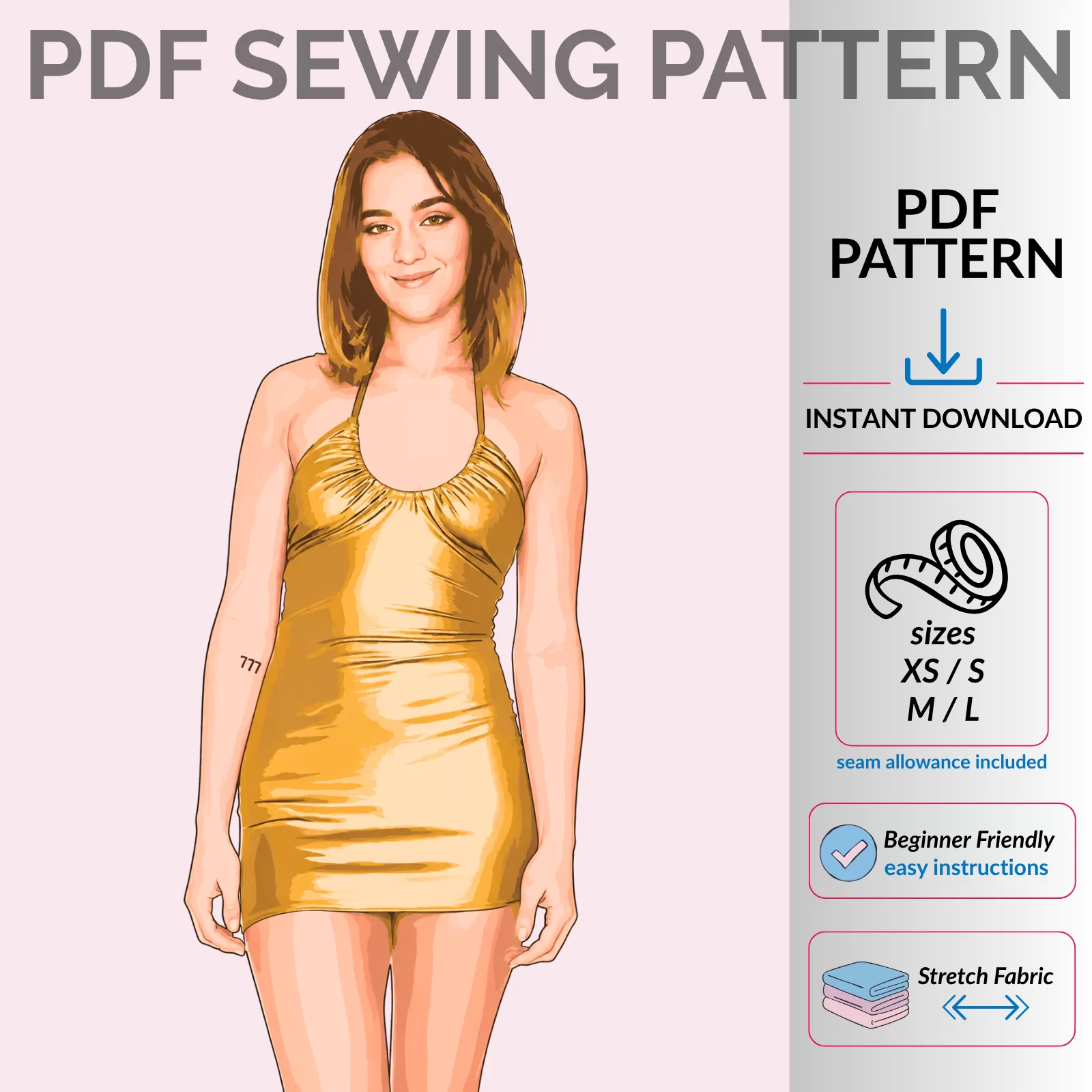 Drawstring bust mini dress sewing pattern featuring tie front gathered bust design