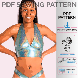 Empire Halter Crop Top sewing pattern poster image with PDF pattern details and fitted crop top design