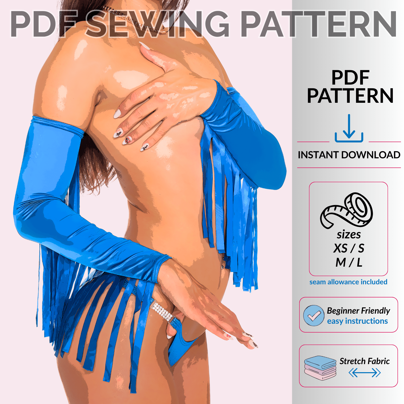 Fringed sleeve armband sewing pattern poster art by Sew Skimpy showing wrist-to-upper-arm fringe design