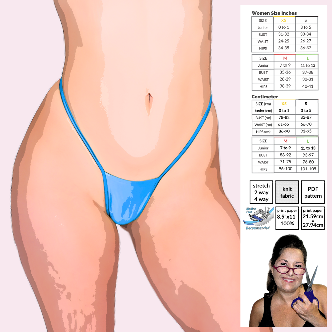 G-String Thong Sewing Pattern poster-style artwork by Sew Skimpy showing the front G-String thong design