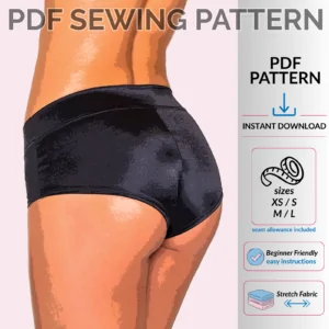 Mid Rise Booty Shorts PDF sewing pattern featuring front, side, and back views for women's stretch shorts.
