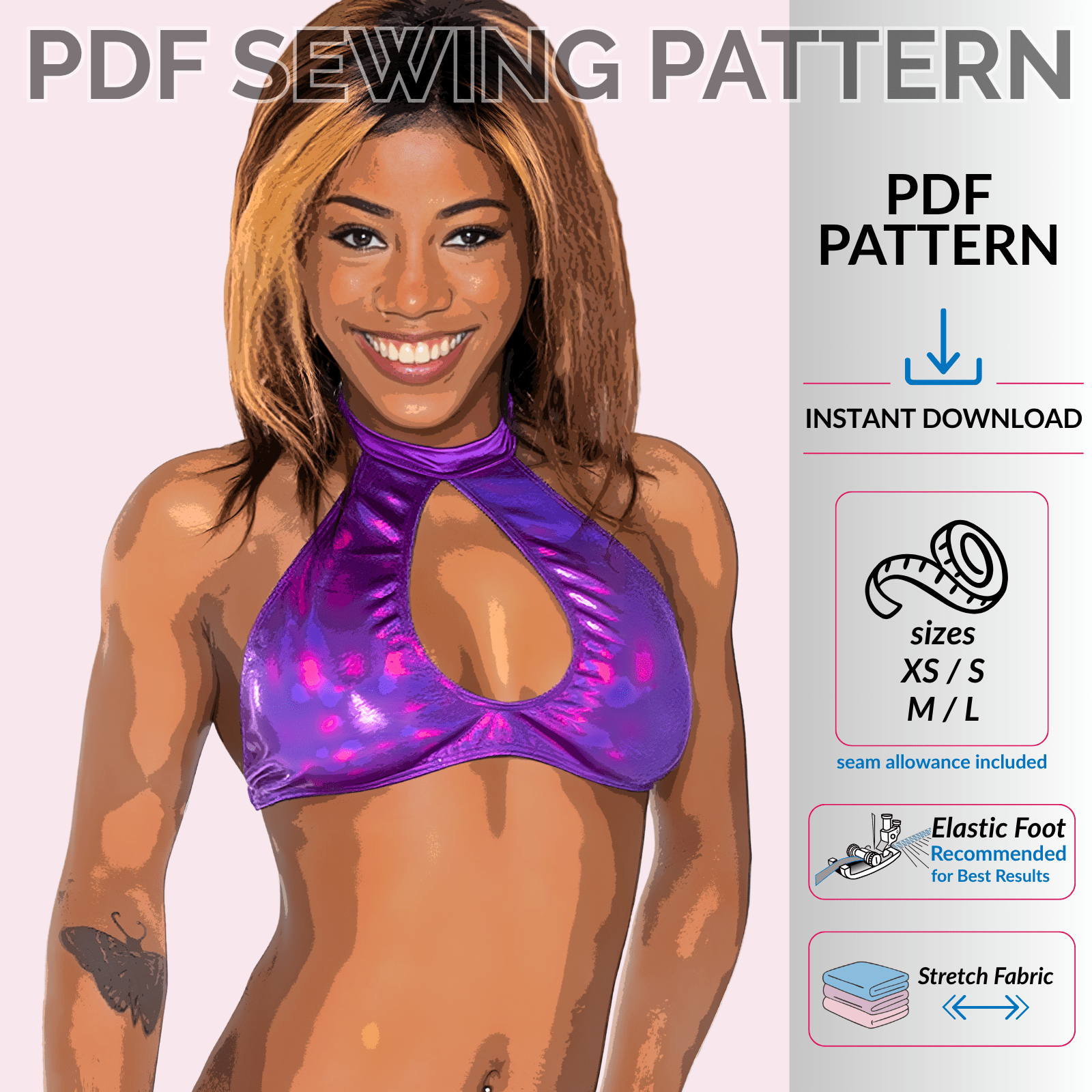 Keyhole Halter Top PDF sewing pattern for rave, festival, dancewear, cosplay, and pole fitness sewing
