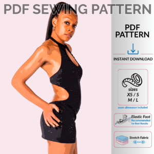 Keyhole Mini Dress sewing pattern PDF for stretch fabrics featuring front keyhole neckline, open back design, and halter styling