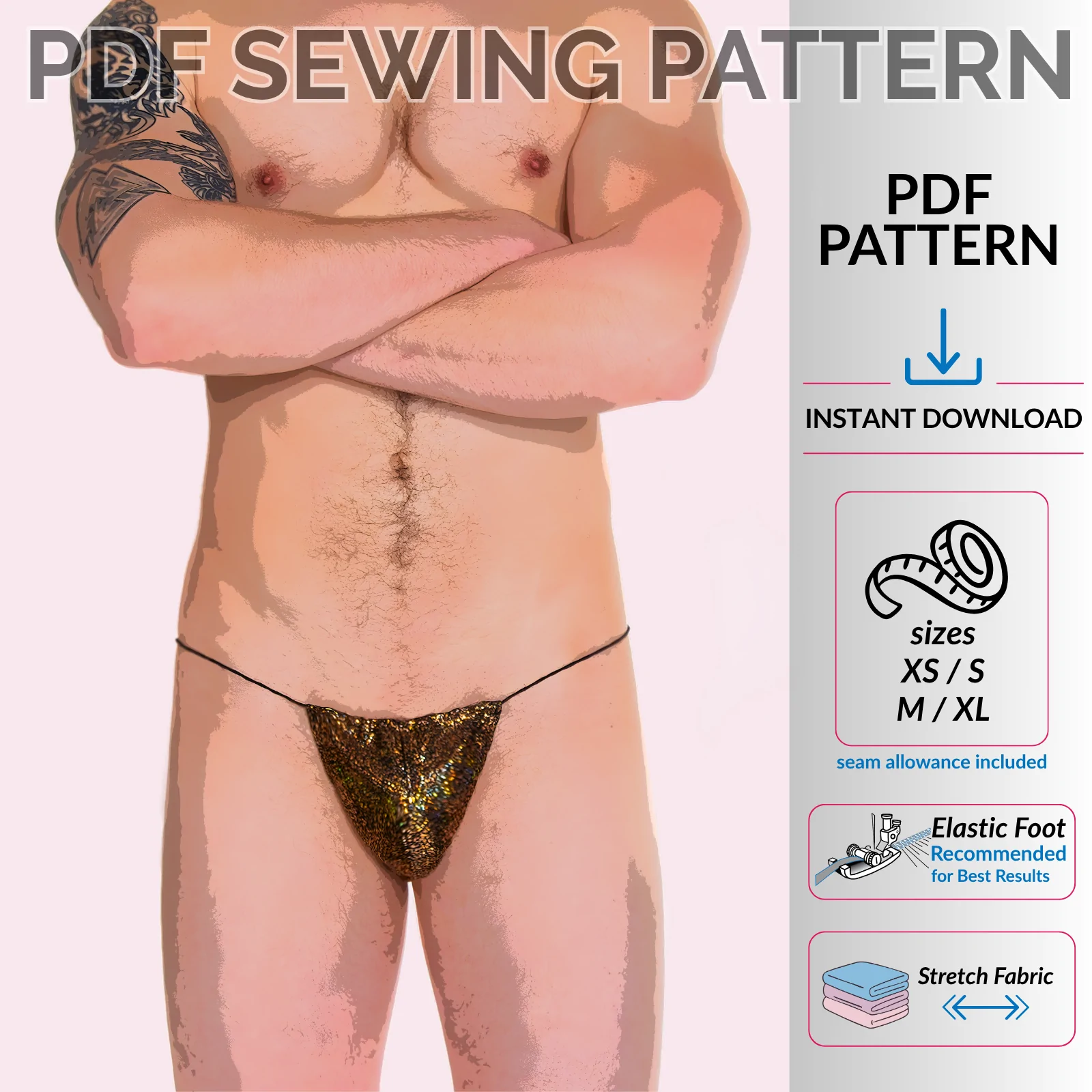 Manly Cord Thong sewing pattern PDF for men with size chart XS–XL