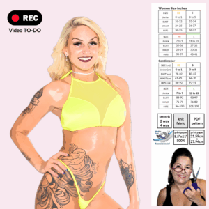 Woman wearing a handmade mesh insert halter top made from Sew Skimpy PDF sewing pattern with stretch tie-back design.