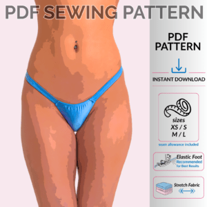 Micro Comfort Thong PDF sewing pattern poster featuring a super low rise thong with instant digital download in sizes XS–L