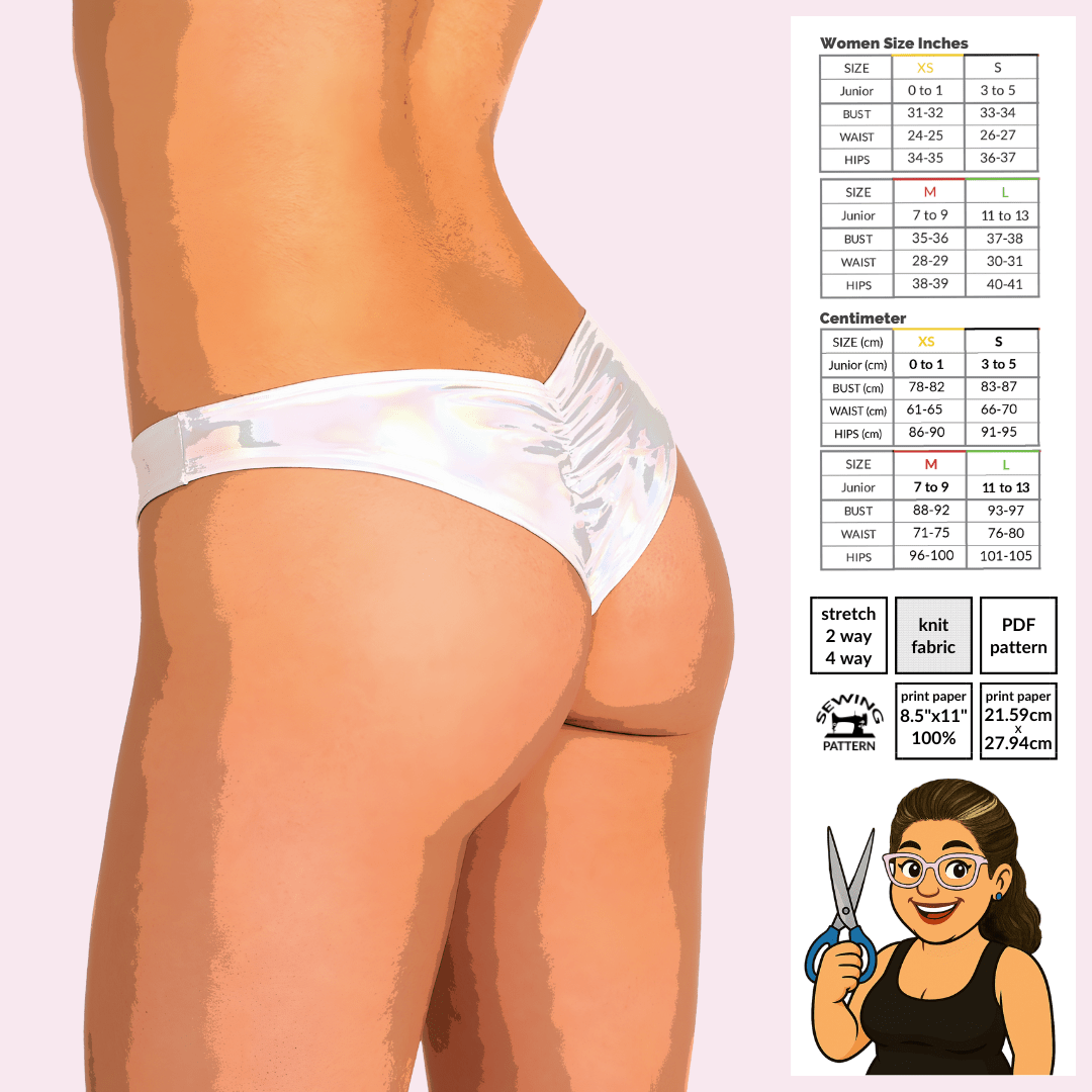 Poster image: Micro mini shorts sewing pattern with optional ruching and cheeky fit