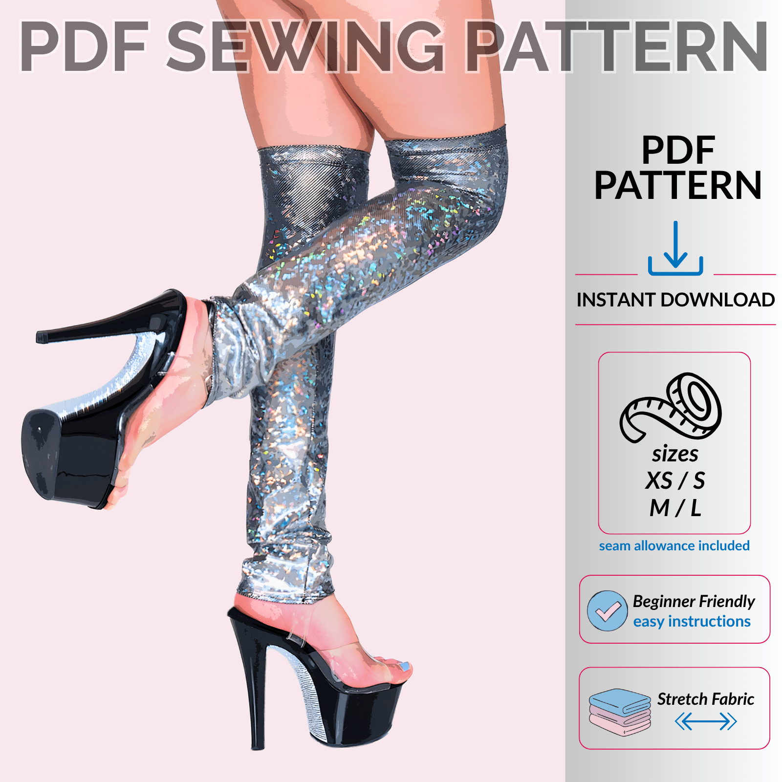 Over the knee leg warmer PDF sewing pattern for fitted stretch fabric legwear in sizes XS–L