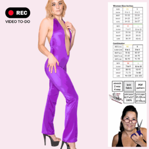 Plunging pantsuit sewing pattern with deep V neckline, tie-neck straps, and long flare legs drafted for platform shoes