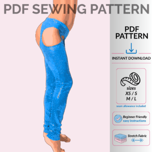 Fashion image skimpy leg chaps sewing pattern with open hip cutouts and fitted silhouette