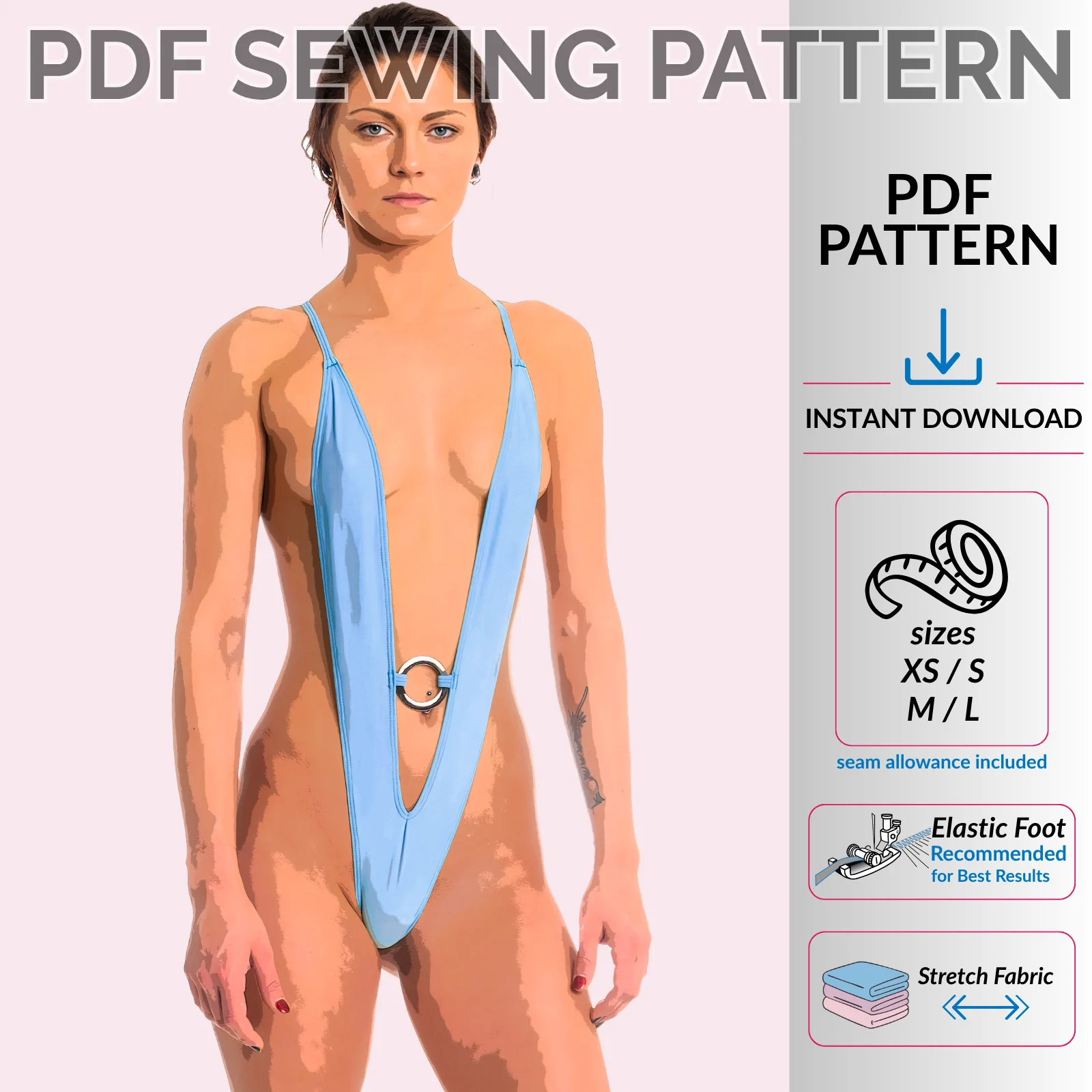 Slingshot bodysuit sewing pattern with metal ring accent and minimal coverage design by Sew Skimpy