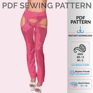 Poster image for straight leg chaps PDF sewing pattern in bright stretch fabric styling