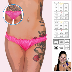 Super Low-Rise Bloomers sewing pattern poster art by Sew Skimpy featuring ruffled, minimal-coverage low-rise shorts with gathered back detail.