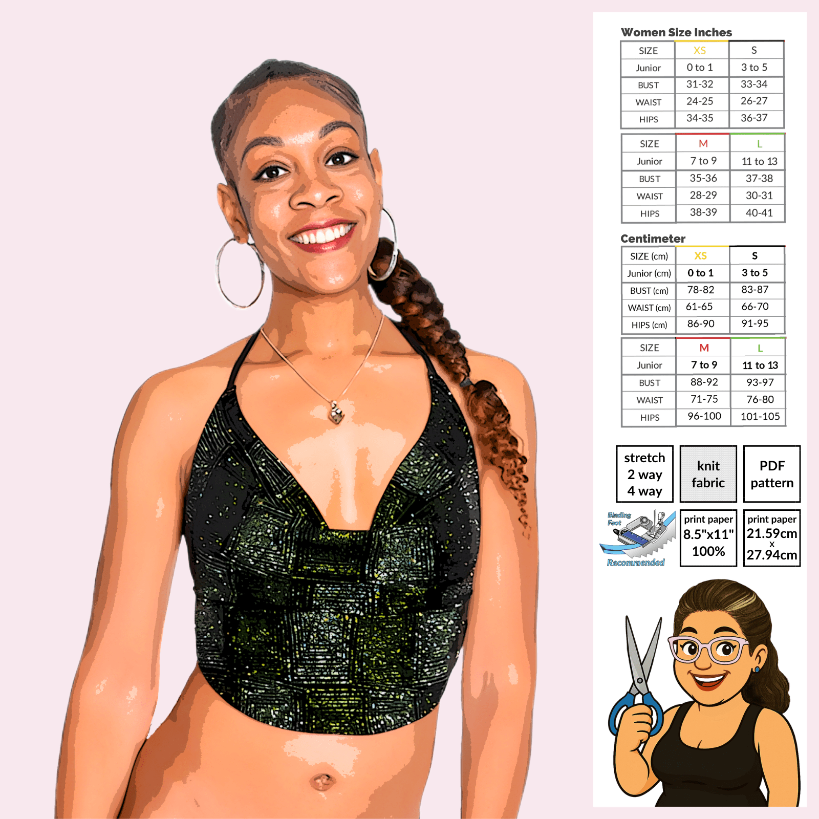 Swoop Cowl Mini Top PDF sewing pattern poster featuring draped halter design for stretch fabrics