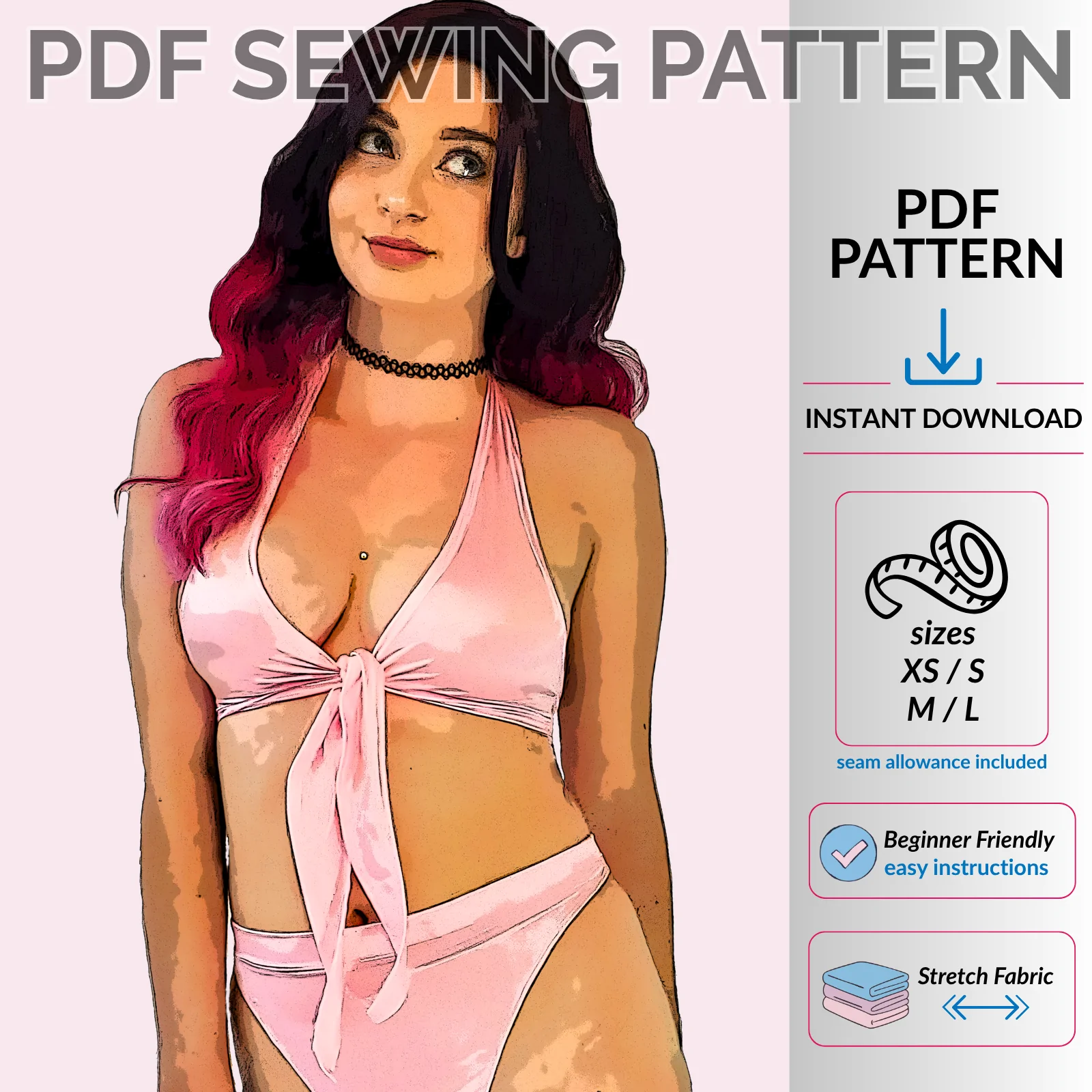 Tie Front Halter Top PDF sewing pattern for stretch fabric featuring an adjustable tie front and open back design.