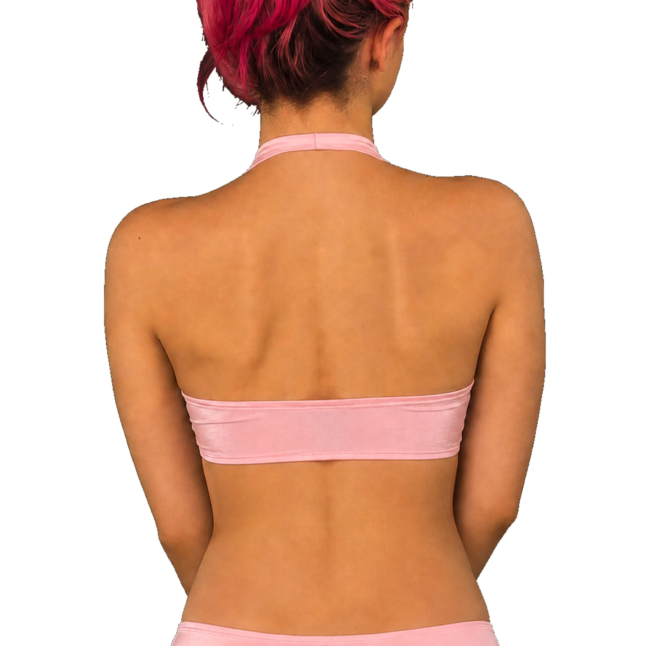 Back view of tie front halter top sewing pattern featuring an open upper back and halter neck strap.