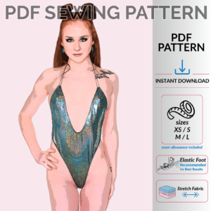 Wrap bodysuit sewing pattern PDF featuring adjustable plunge front thong bodysuit with open back design