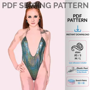 Wrap bodysuit sewing pattern PDF featuring adjustable plunge front thong bodysuit with open back design