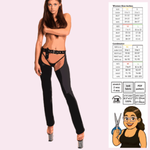 Poster image of thigh-high belt-loop chaps sewing pattern for stretch fabrics