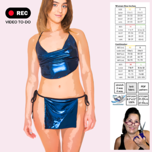 Booty Flap Tie Skirt Sewing Pattern – poster-style artwork by Sew Skimpy featuring a low-rise tie-side skirt with gathered flap detail