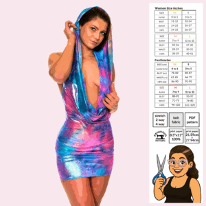 Cowl neck hoodie mini dress sewing pattern PDF featuring a draped hooded neckline and relaxed mini silhouette, digital download by Sew Skimpy