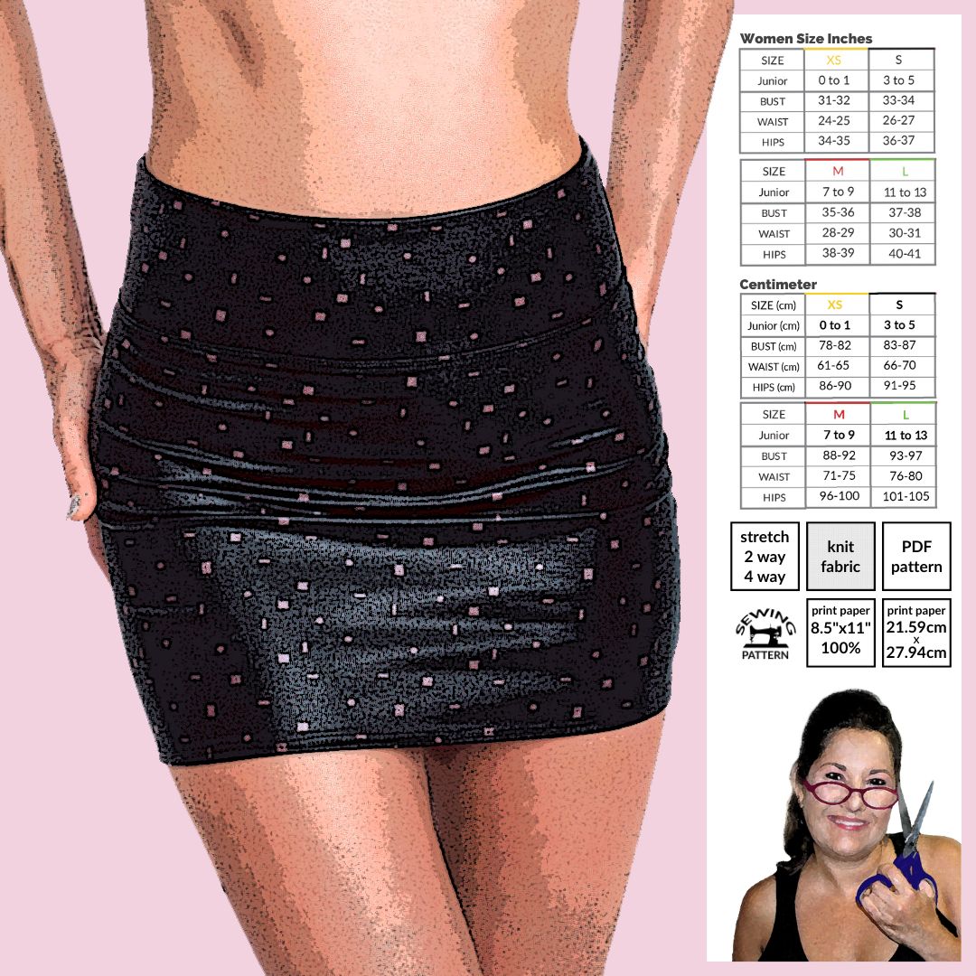 High waist mini skirt sewing pattern PDF for stretch fabrics by Sew Skimpy