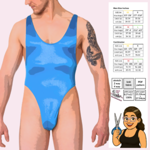 Men’s Racerback Bodysuit sewing pattern poster artwork by Sew Skimpy featuring a racerback silhouette and thong back