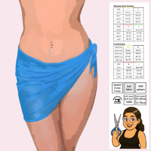 Poster image: Tie-side mini sarong cover up sewing pattern shown in stretch mesh with hip-tie detail