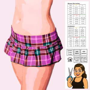 Poster image: School girl mini pleated skirt sewing pattern PDF with micro mini hip-hugging fit