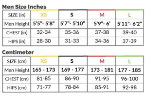 Sew Skimpy men’s size chart showing chest and hip measurements in inches and centimeters