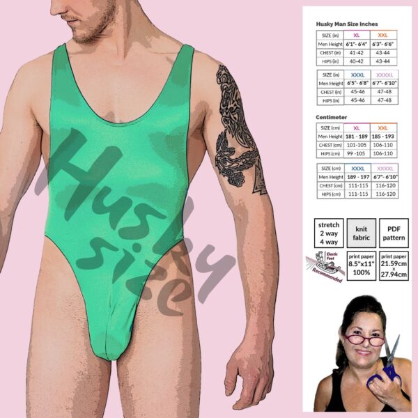 Men's Racerback Bodysuit Sewing Pattern Husky Size XL-XXXXL