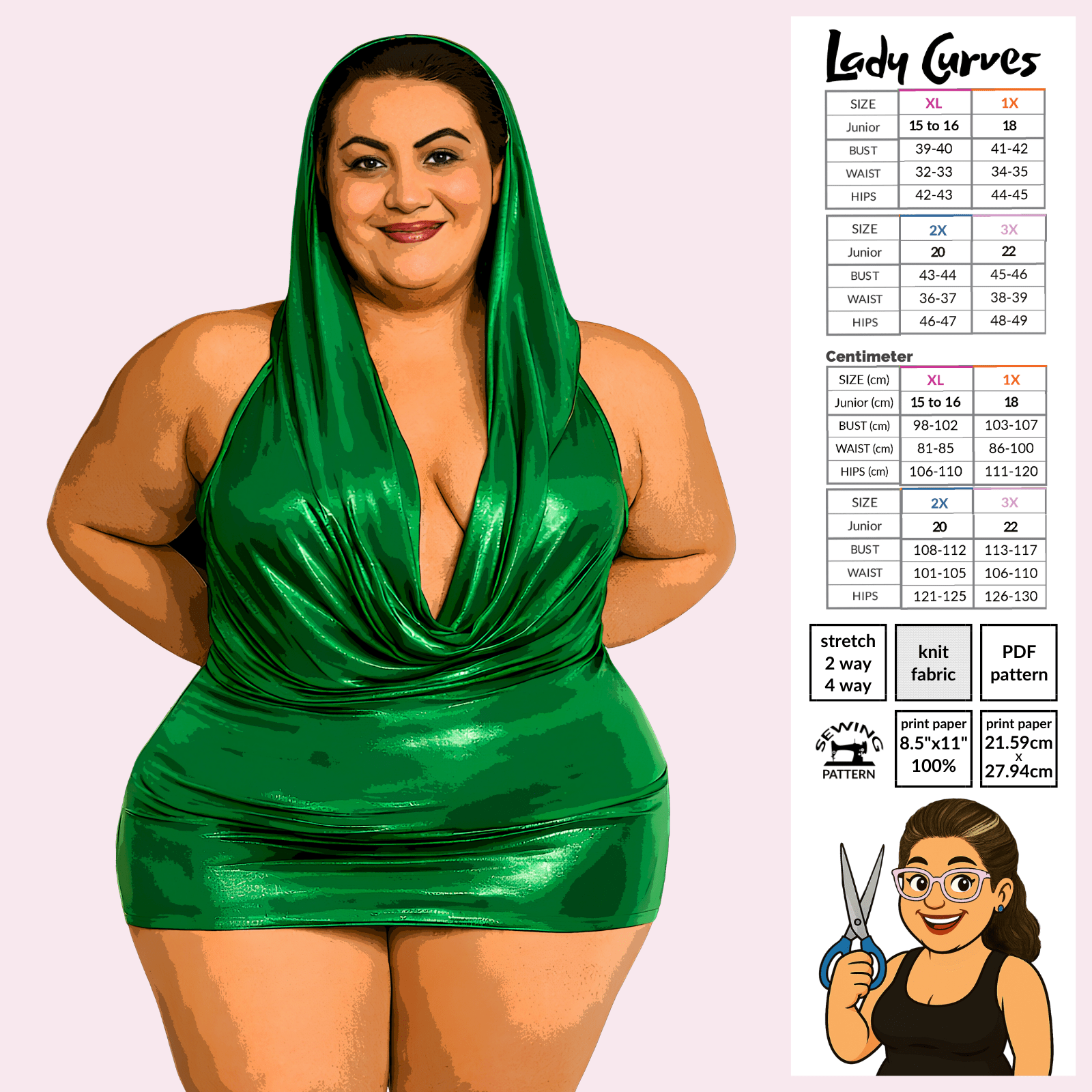 Cowl Neck Hoodie Mini Dress Sewing Pattern – Lady Curves size, poster art by Sew Skimpy