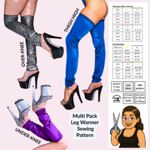 Multi Pack Leg Warmer sewing pattern poster showing thigh high, over-knee, and under-knee leg warmer styles