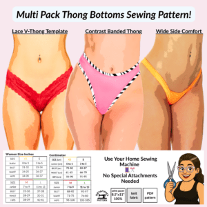 Multi Pack Thong sewing patterns showing three styles including Lace V Thong, Banded Thong, and Wide Side Comfort Thong