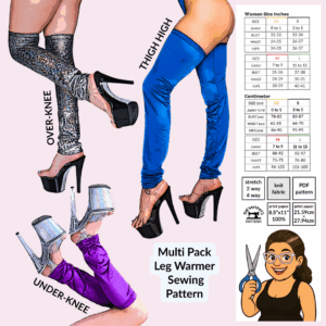 Multi Pack Leg Warmer sewing pattern poster showing thigh high, over-knee, and under-knee leg warmer styles