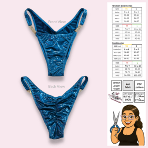 Front and back view of metallic blue bikini competition posing suit bottoms with ruched back and rhinestone side connectors shown on a flat lay for sewing pattern preview.