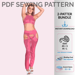 Poster image for ravewear sewing pattern bundle featuring mesh halter top and straight leg chaps