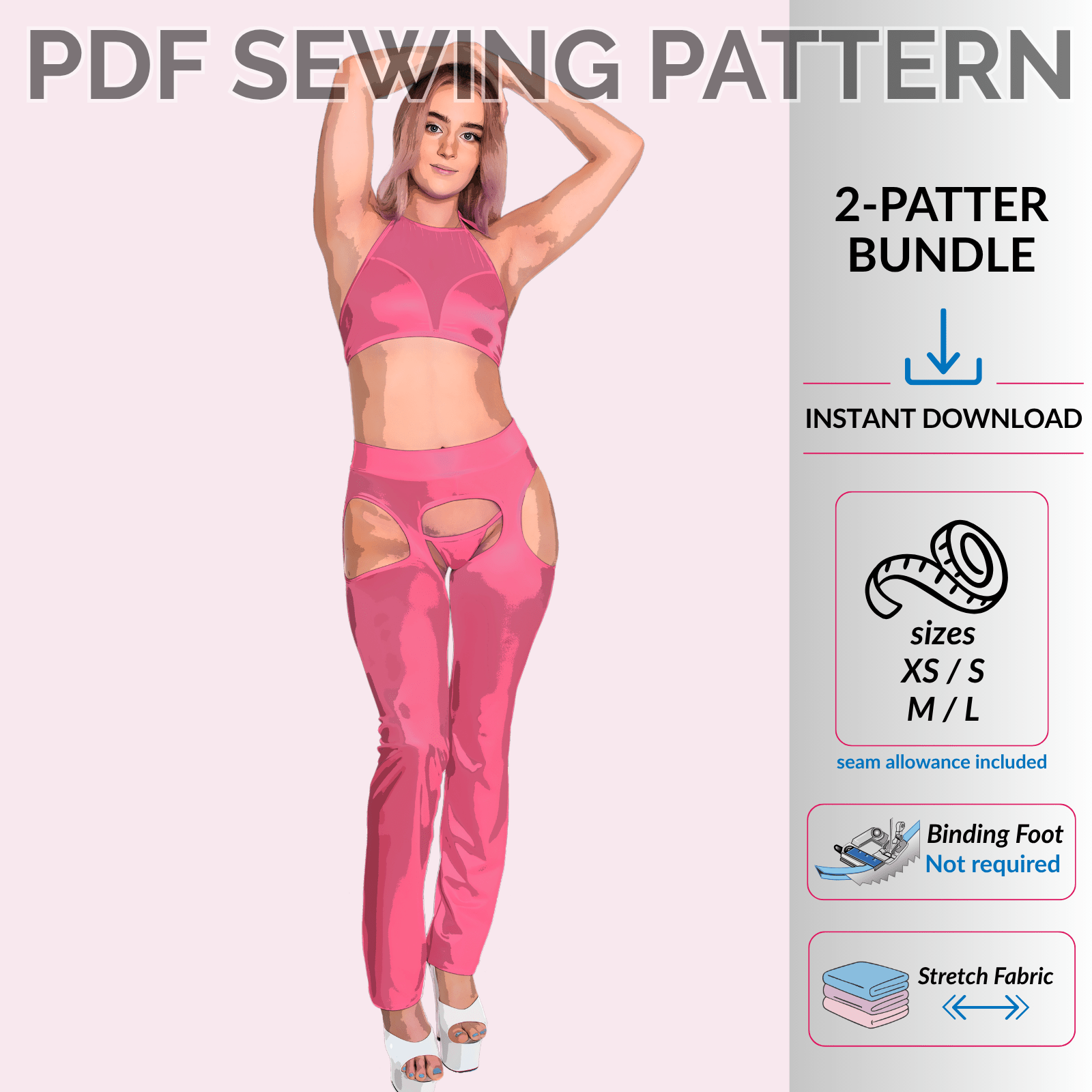 Poster image for ravewear sewing pattern bundle featuring mesh halter top and straight leg chaps